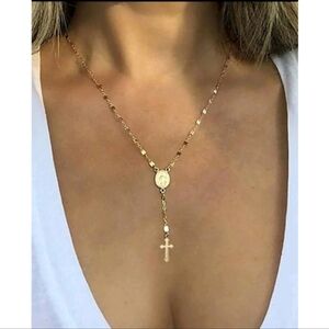 NEW! Anthropologie Delicate Cross Rosary Lariat Gold Necklace